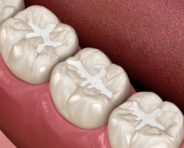 Illustration of dental sealants applied to the grooves of molar teeth